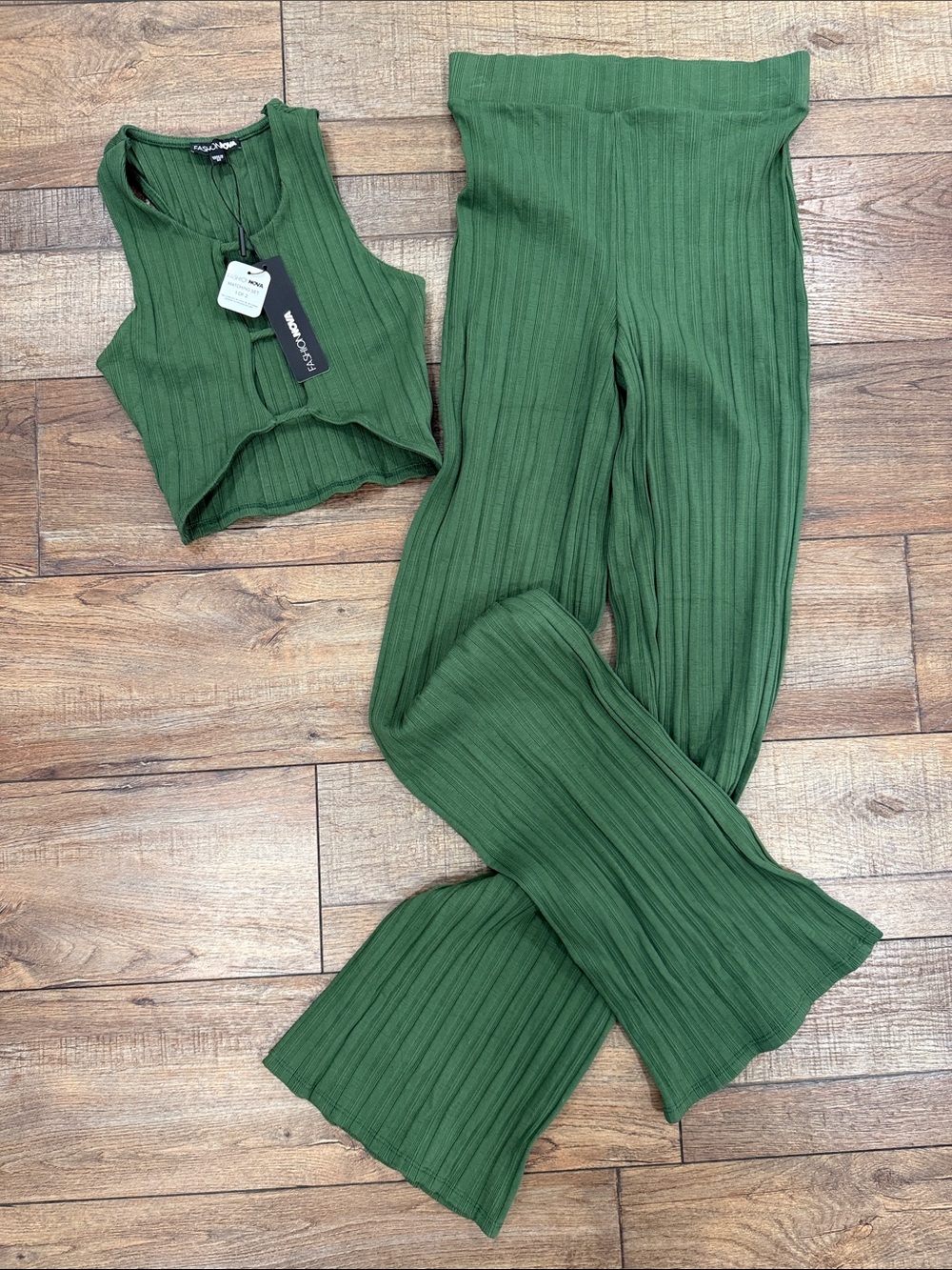 Fashion Nova Olive Green Ribbed Wide-Leg Pant & Cropped Tank Set
